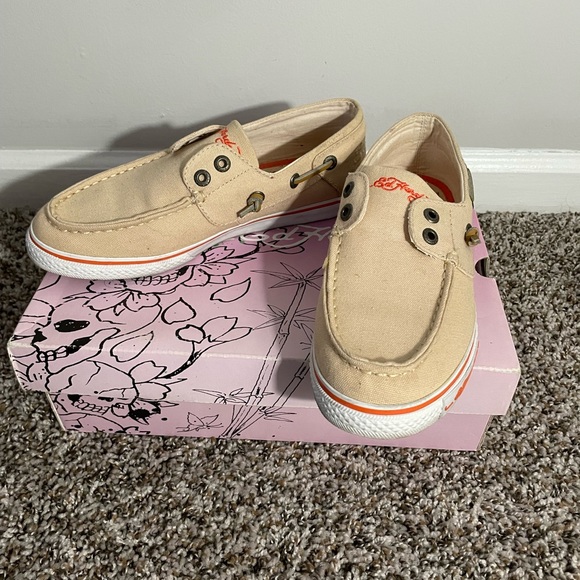 Vintage Ed Hardy Tan & Orange Boat Shoes. Size 7. - Picture 3 of 11